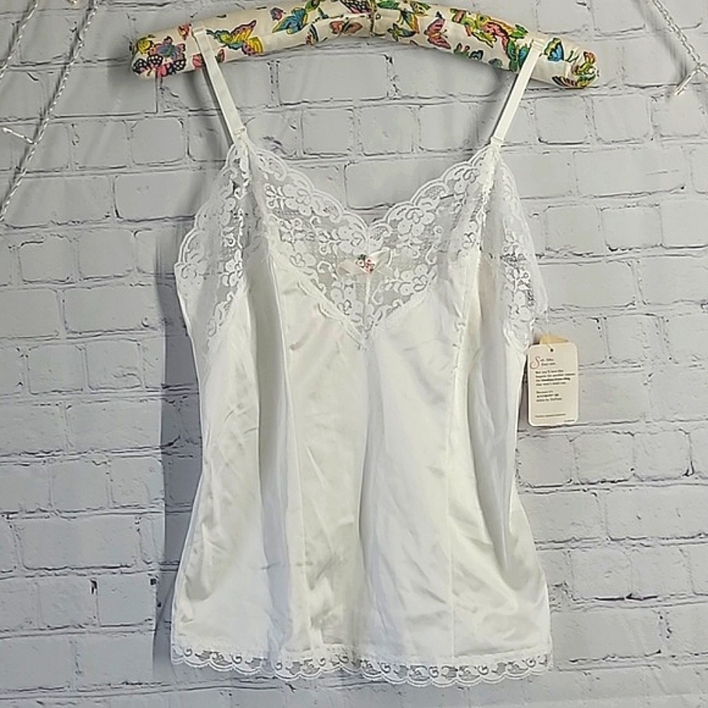 🆕️NWT Vintage 90s White Satin Floral Lace USA Made Adjustable Straps Tank Top S - Picture 3 of 15